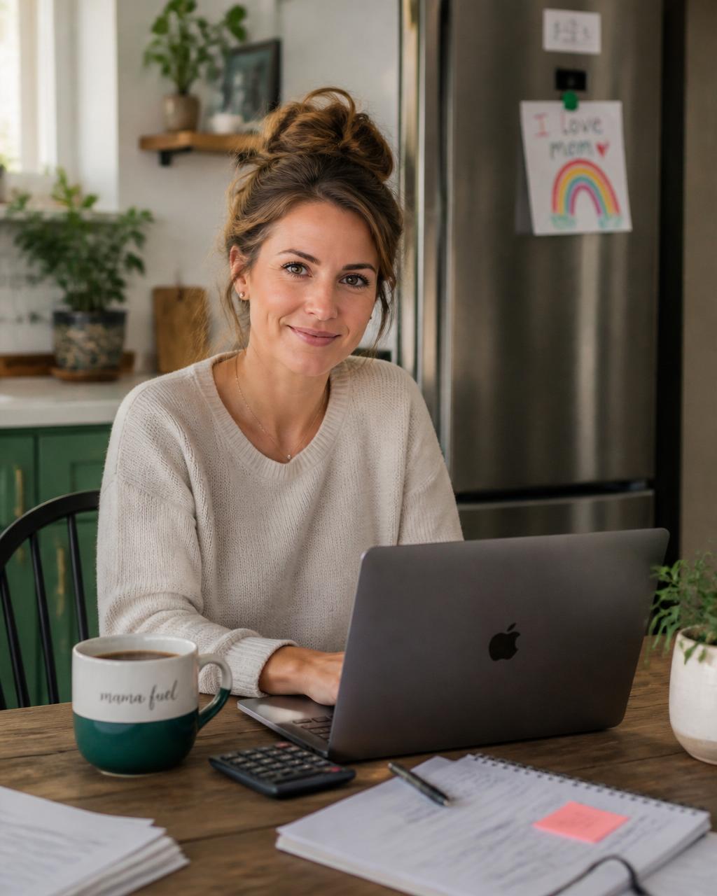 A young mom working on her bookkeeping business from a cozy kitchen table